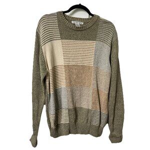 Vintage Geoffrey Beene Sweater Mens M Cotton Patchwork Grandpa Neutral Cabin